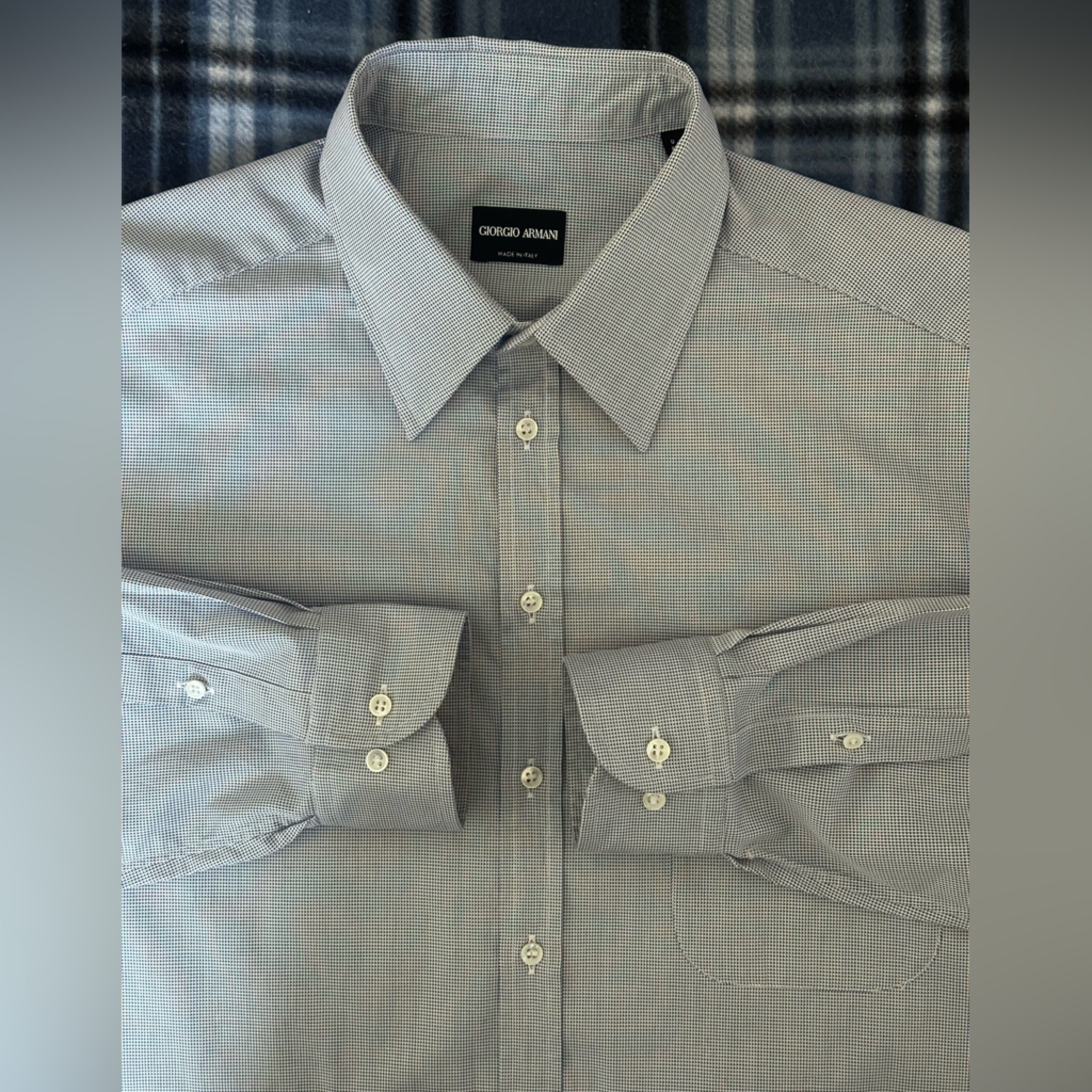 Giorgio Armani Micro Gingham Checkered Blue White Men's Dress Shirt Size 17-43